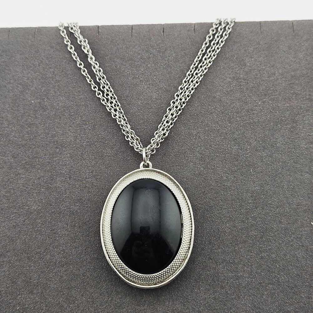 Silver Tone Multi Strand Chain Necklace With Black Oval Pendant Sophisticated